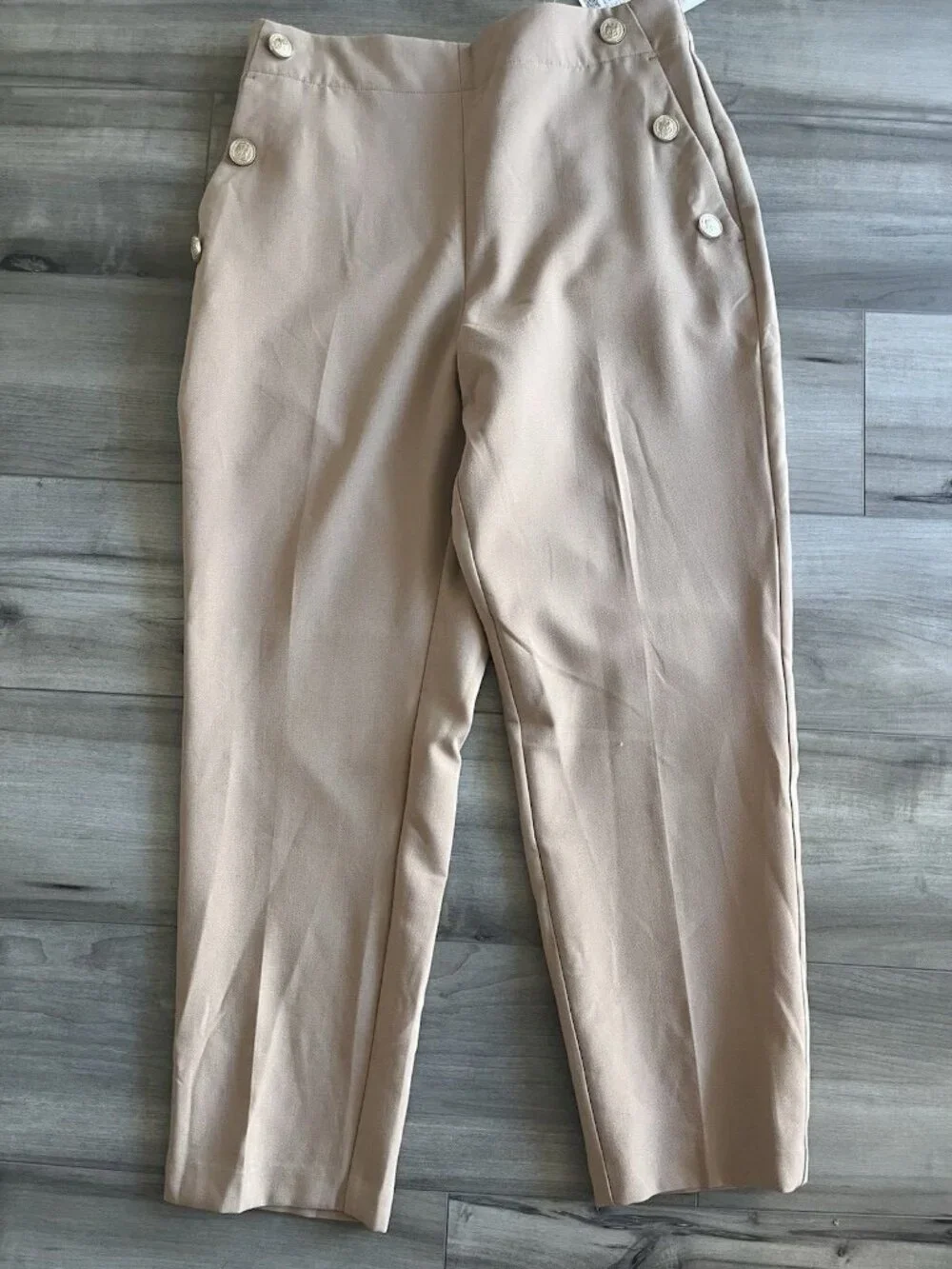 ZARA Tan Gold Button Ankle Pants Large NWT High Rise Straight Leg Quiet Luxury - Picture 2 of 12
